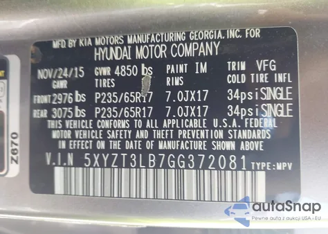 2016 Hyundai Santa Fe Sport 2.4L z USA, uszkodzony, nr VIN 5XYZT3LB7GG372081